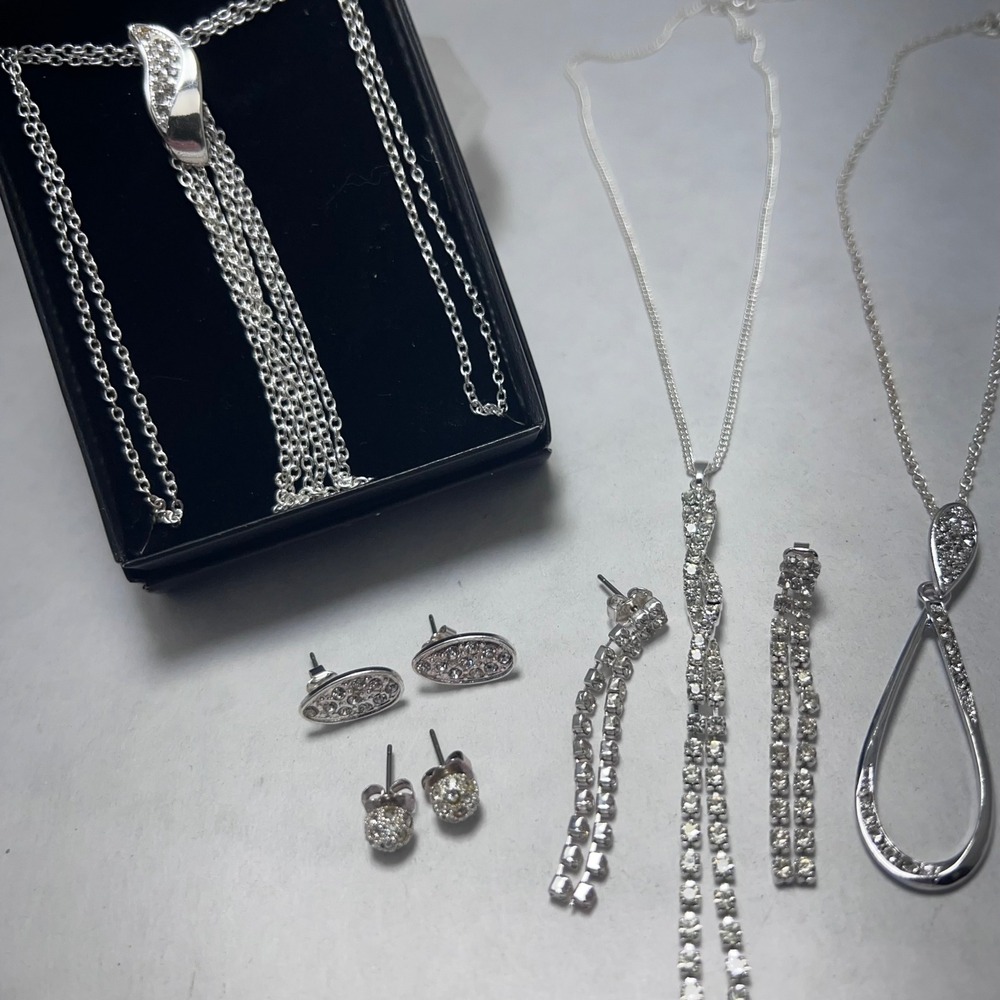 Silver Tone Rhinestone Jewelry Lot 3 Necklaces 3 Pairs‎ Earrings Glam Avon